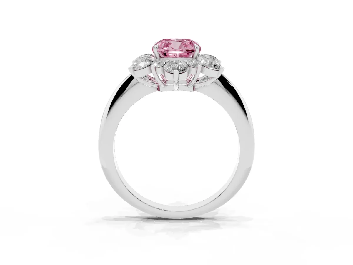 Fancy Pink Cushion Cut Diamond Cluster Halo Ring with Solitaire Band and Four-Prong Setting Silver