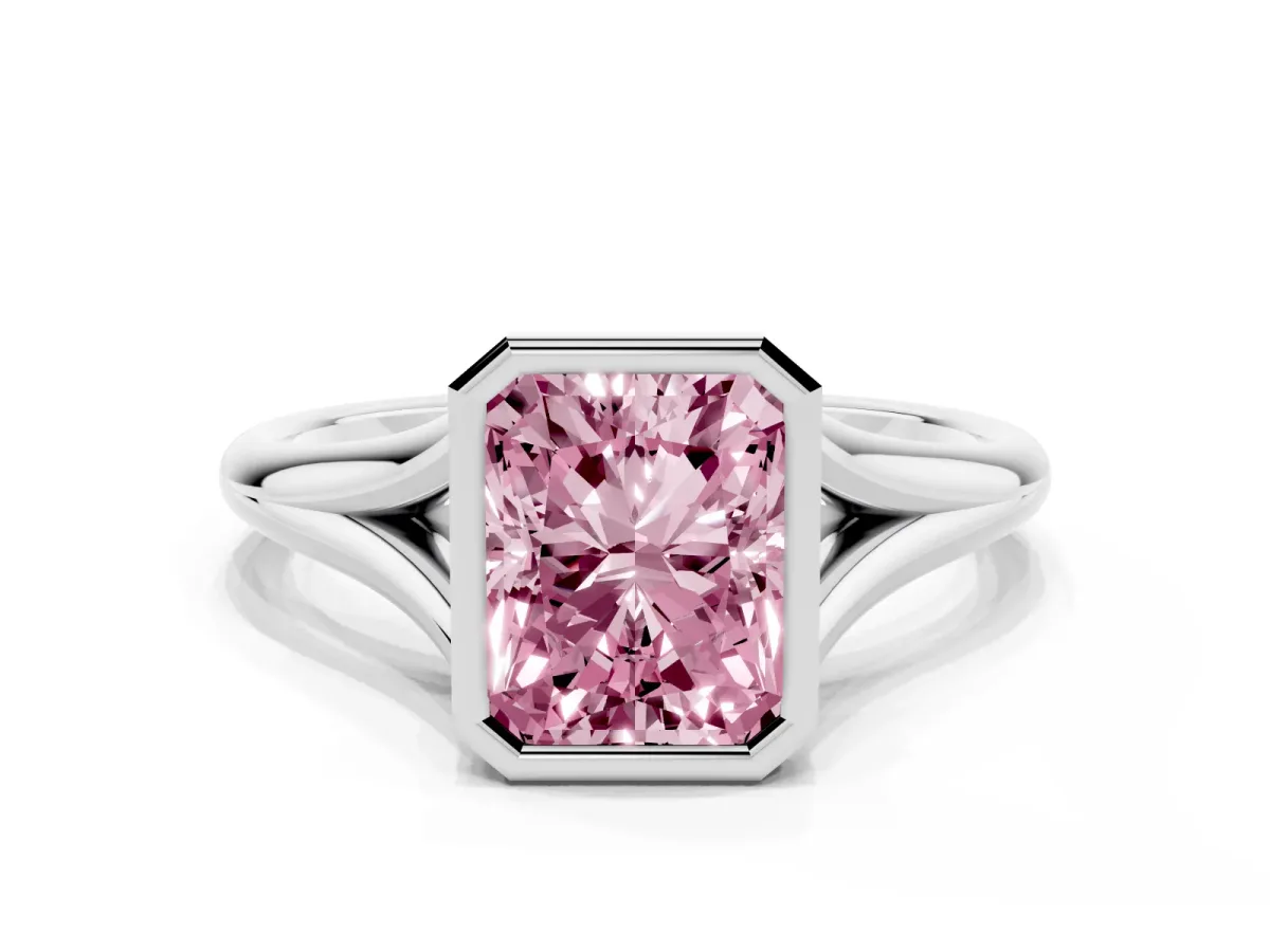 Fancy Pink Bezel Set Radiant Cut Cut Solitaire Ring with Tapered Band Silver