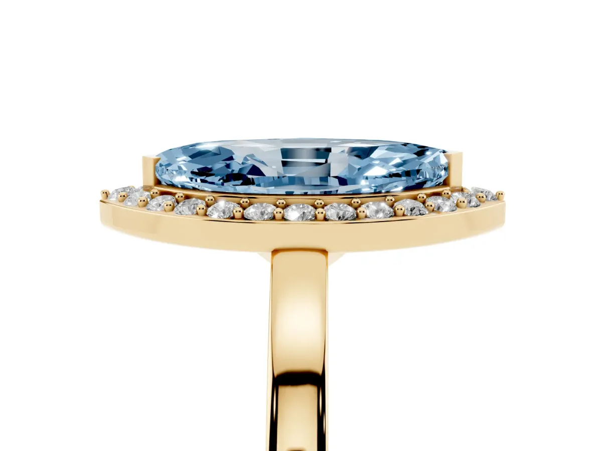 Fancy Blue Marquise Cut Halo Diamond Ring with Solitaire Band and Prong Setting Yellow gold