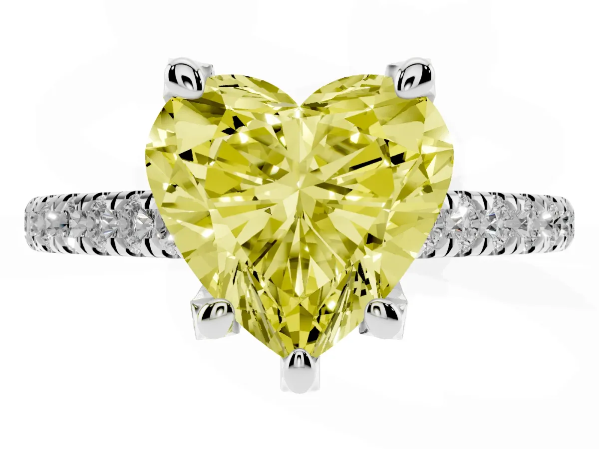 Fancy Yellow Heart Cut Brilliant Diamond Solitaire with Pavé Band and Four-Prong Setting Silver