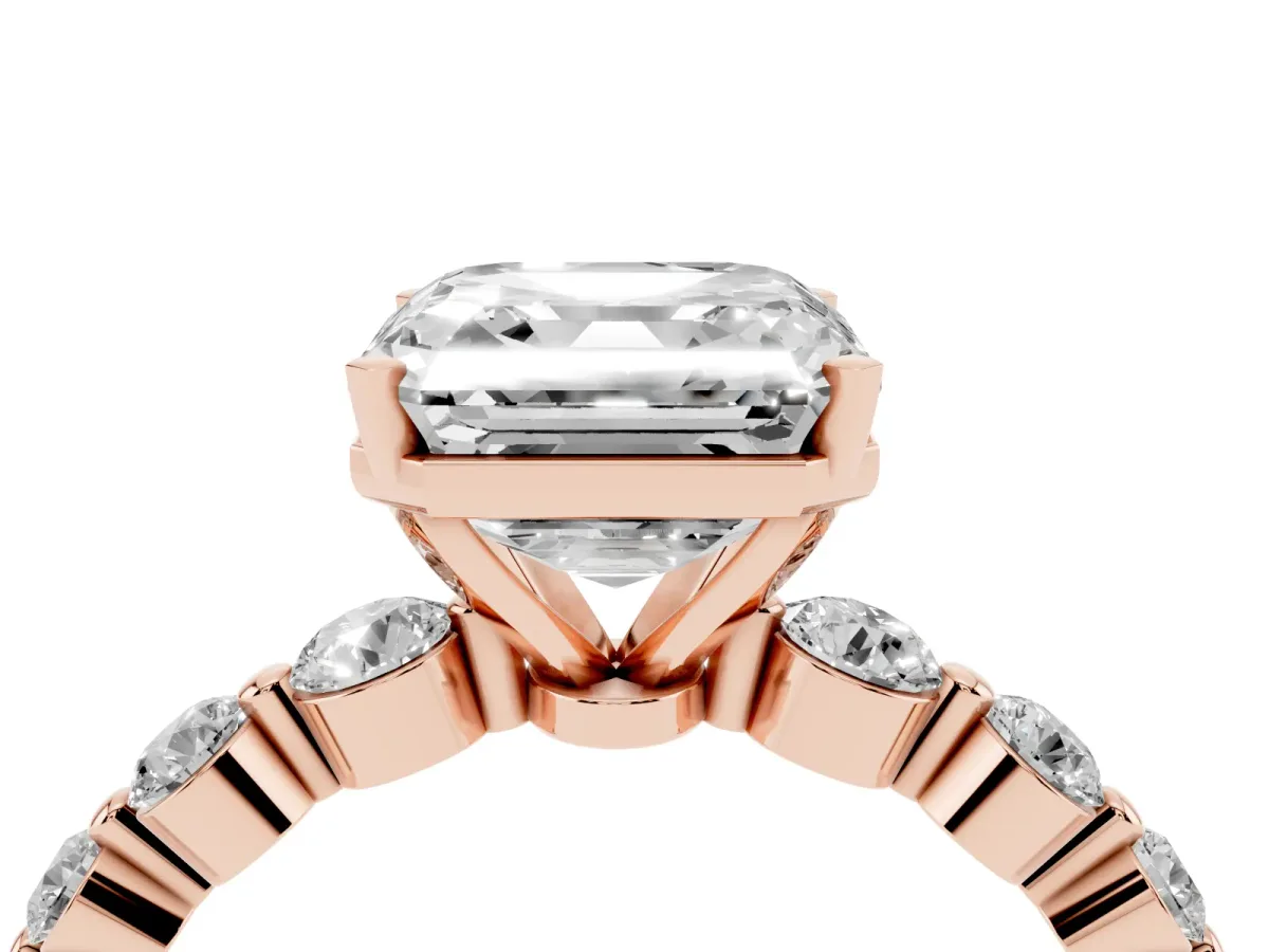 Asscher Cut Solitaire Diamond Ring with Pave Band and Four-Prong Setting Rose gold