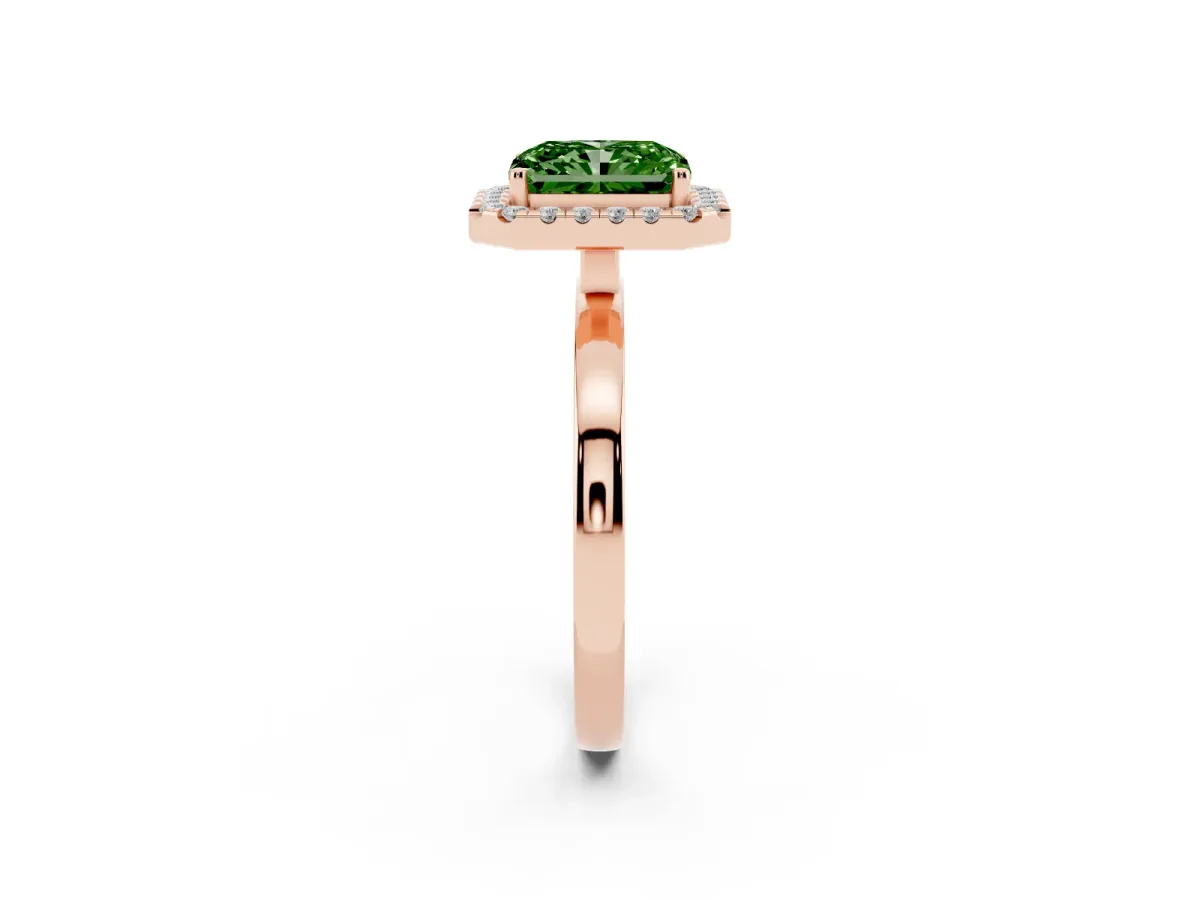 Fancy Green Radiant Cut Halo Diamond Solitaire with Pavé Band and Four-Prong Setting Rose gold