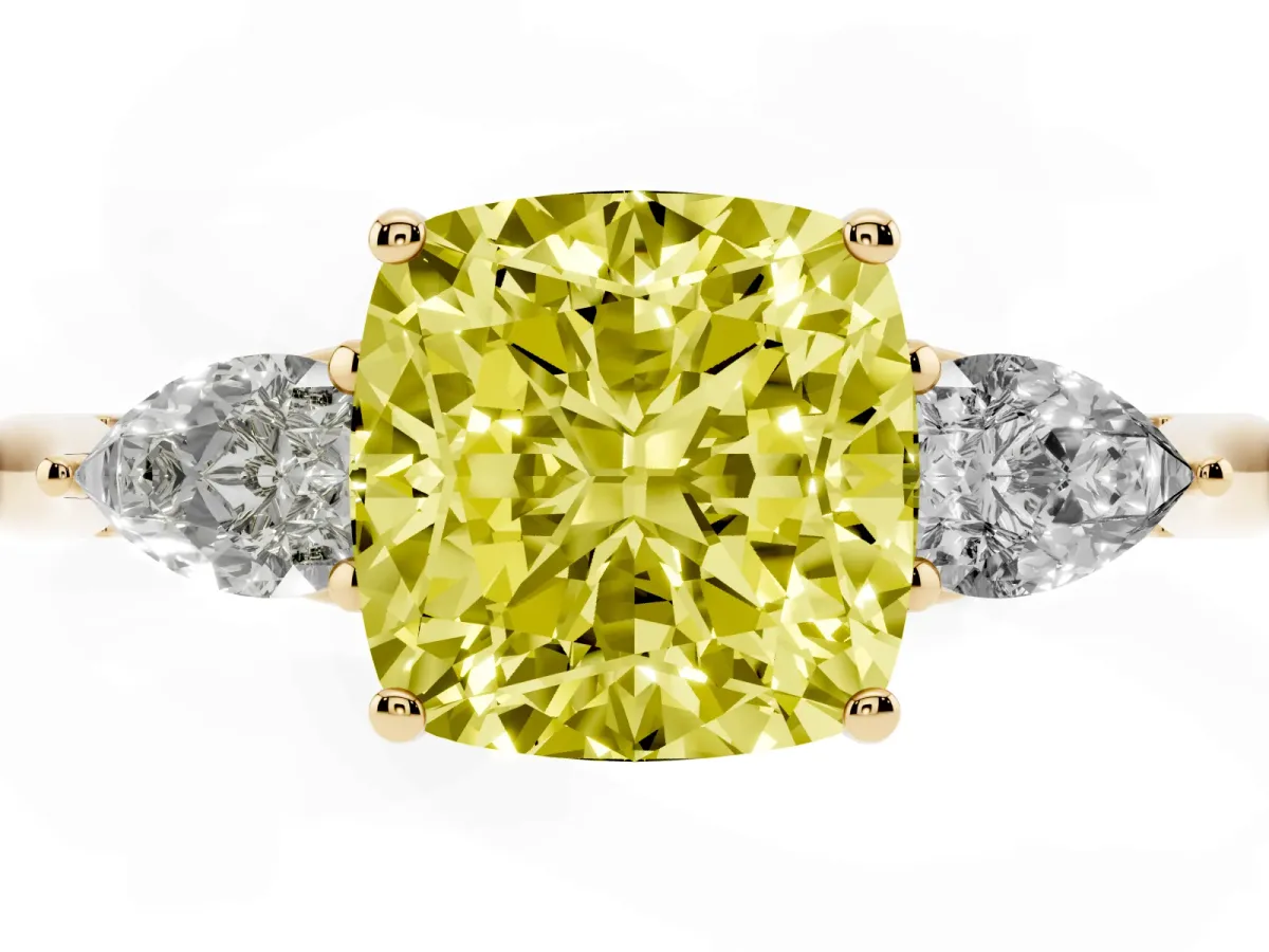 Fancy Yellow Three-Stone Cushion Cut Brilliant Diamond Solitaire Ring with Tapered Band and Four-Prong Setting Yellow gold