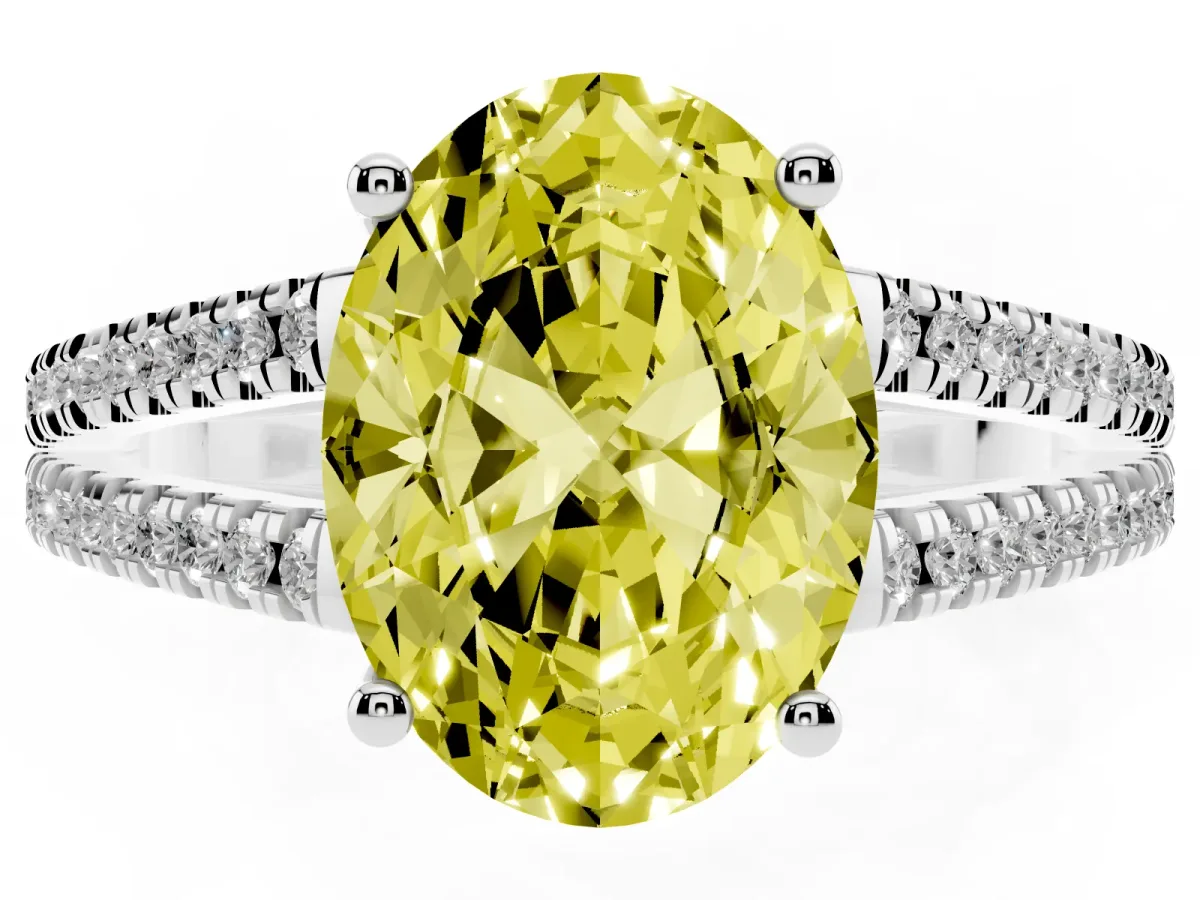 Fancy Yellow Oval Cut Diamond Solitaire Engagement Ring with Split Shank Pavé Band Platinum
