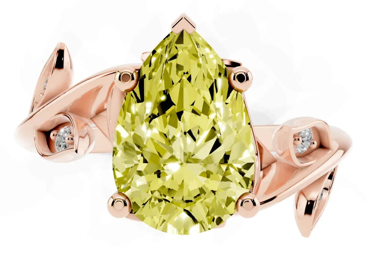 Fancy Yellow Pear Cut Solitaire Twist Engagement Ring with Leaf Accents and Prong Setting Rose gold