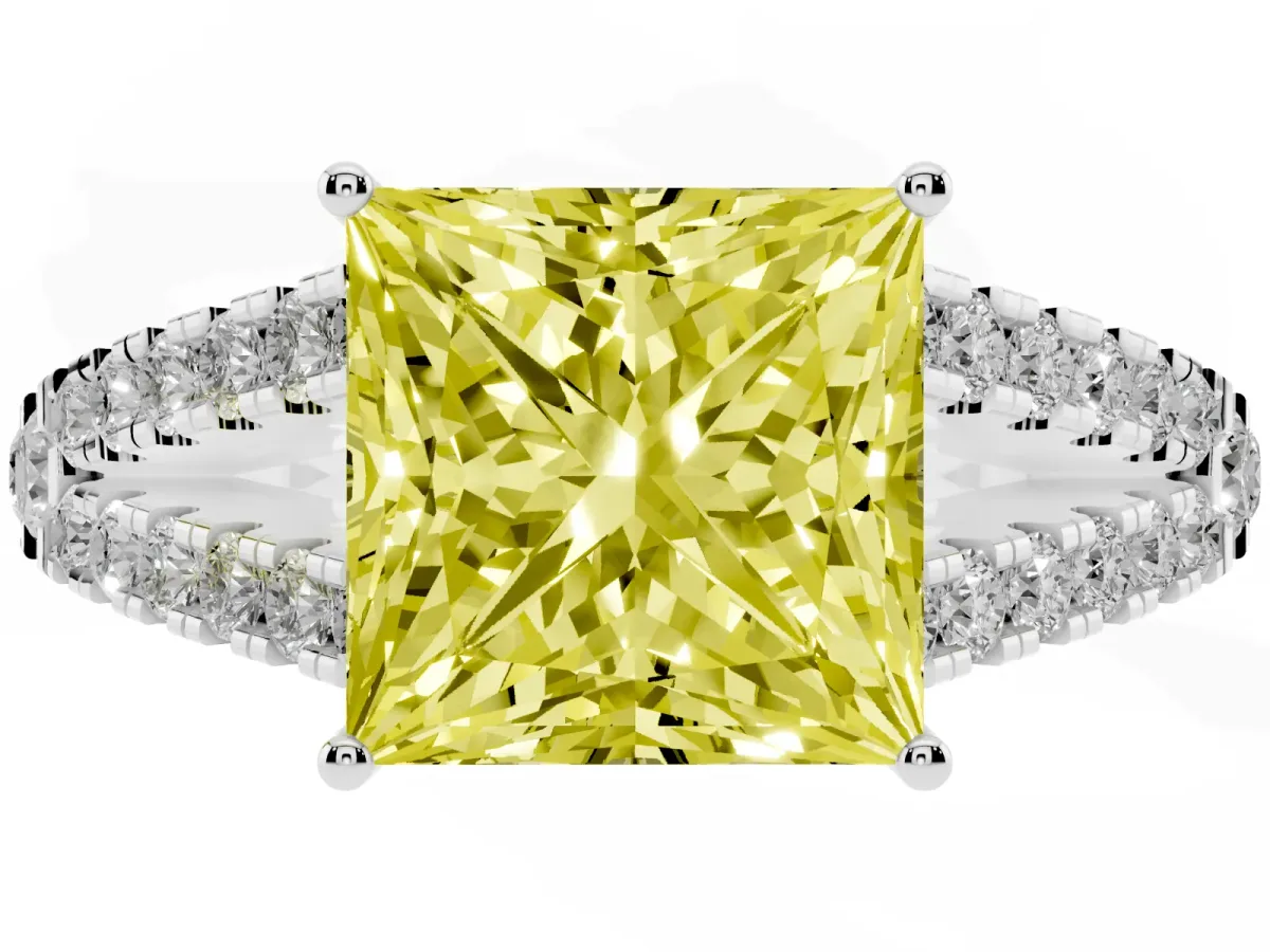 Fancy Yellow Princess Cut Diamond Split Shank Pavé Engagement Ring with Four-Prong Setting Platinum