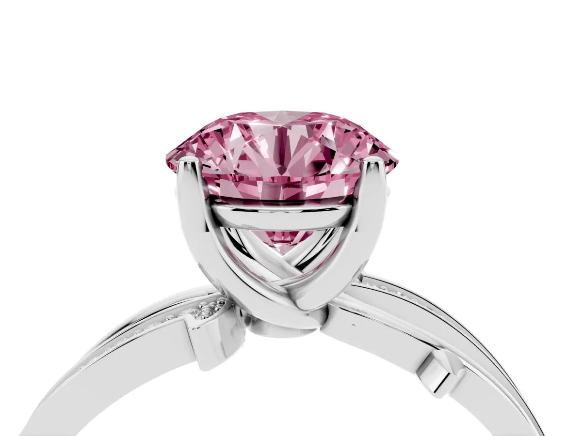 Fancy Pink Round Cut Solitaire Twist Band with Pavé Accents and Four-Prong Setting Platinum