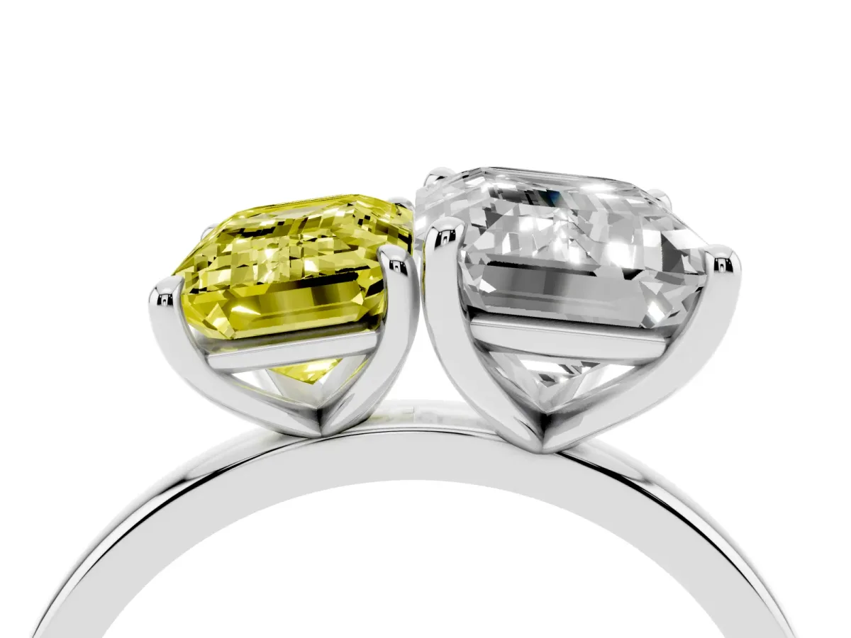 Fancy Yellow Emerald Cut and Emerald Cut Toi Moi Ring with Prong Setting Silver