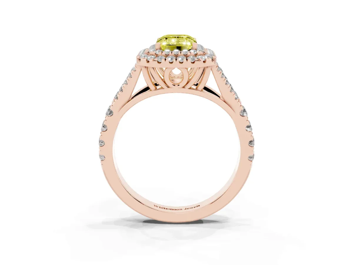 Fancy Yellow Emerald Cut Diamond Pavé Split Shank Double Halo Engagement Ring Rose gold