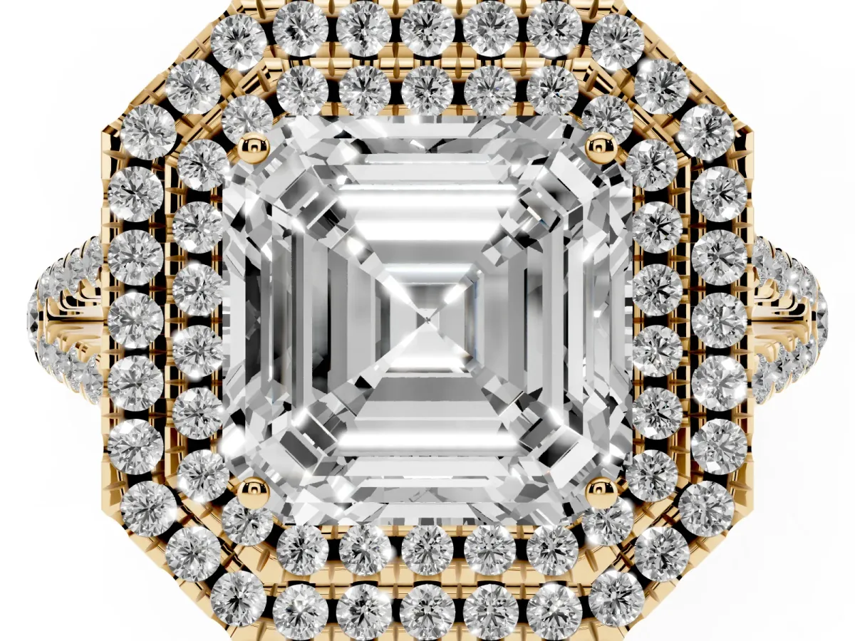 Asscher Cut Diamond Double Halo Ring with Pavé Band and Prong Setting Yellow gold