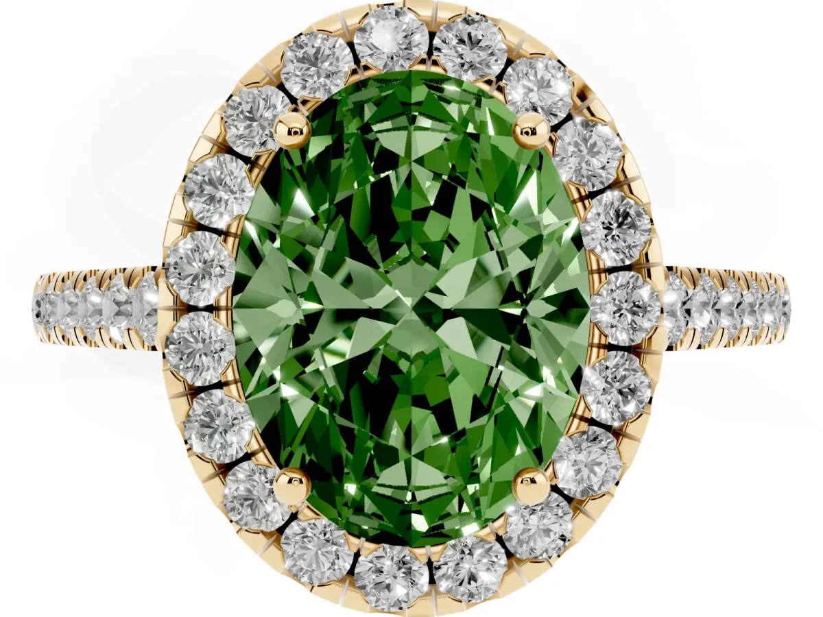 Fancy Green Oval Cut Halo Pave Diamond Engagement Ring with Four-Prong Setting Yellow gold