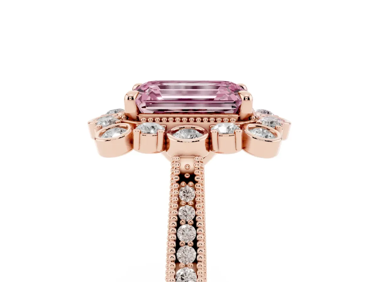Fancy Pink Emerald Cut Halo Milgrain Pave Diamond Ring with Four-Prong Setting Rose gold