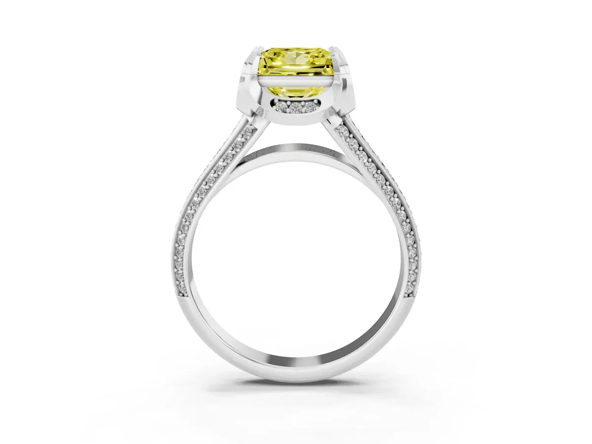 Fancy Yellow Princess Cut Solitaire Pave Split Shank Ring with Four-Prong Setting Silver