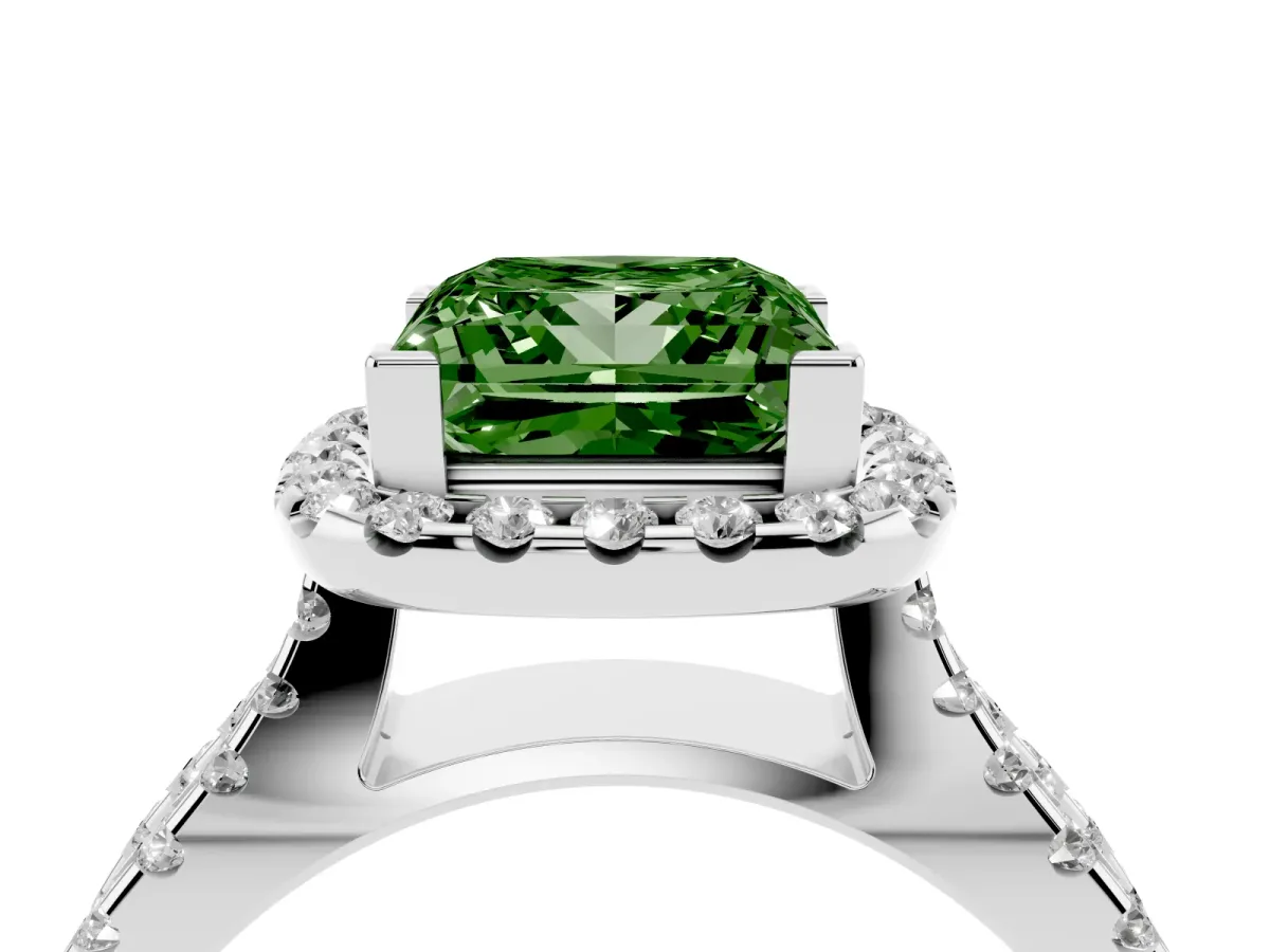 Fancy Green Princess Cut Diamond Halo Ring with Split Shank Pavé Band and Prong Setting Silver