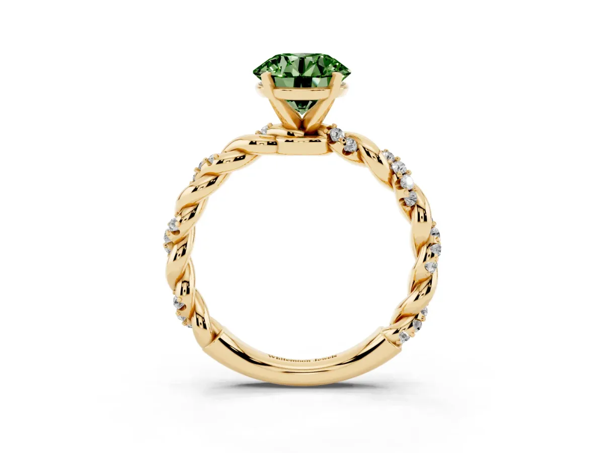 Fancy Green Round Cut Diamond Solitaire Ring with Twisted Band and Pavé Accents Yellow gold