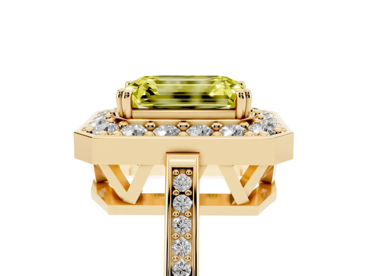 Fancy Yellow Emerald Cut Diamond Halo Ring with Split Shank and Four-Prong Setting Yellow gold