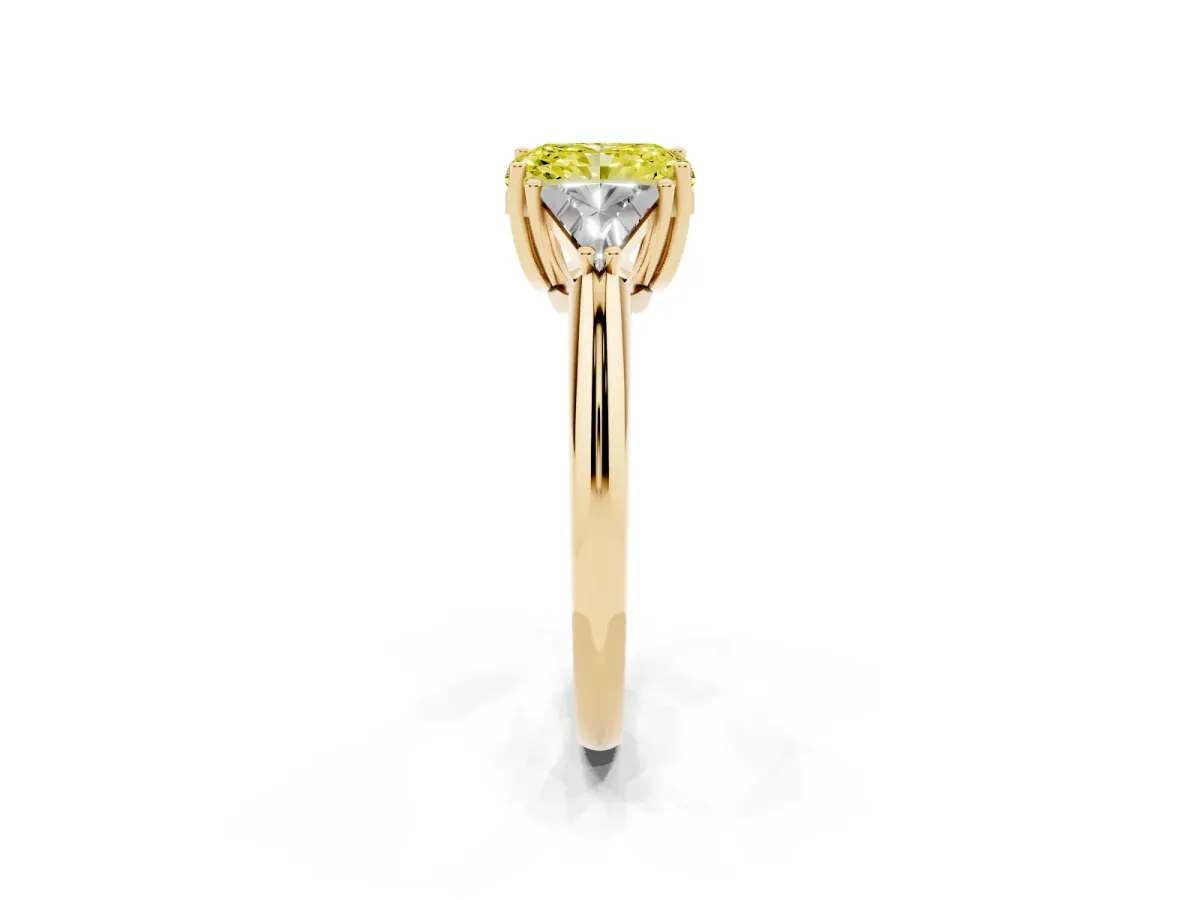 Fancy Yellow Three-Stone Radiant Cut Diamond Engagement Ring with Trillion Side Stones and Prong Setting Yellow gold