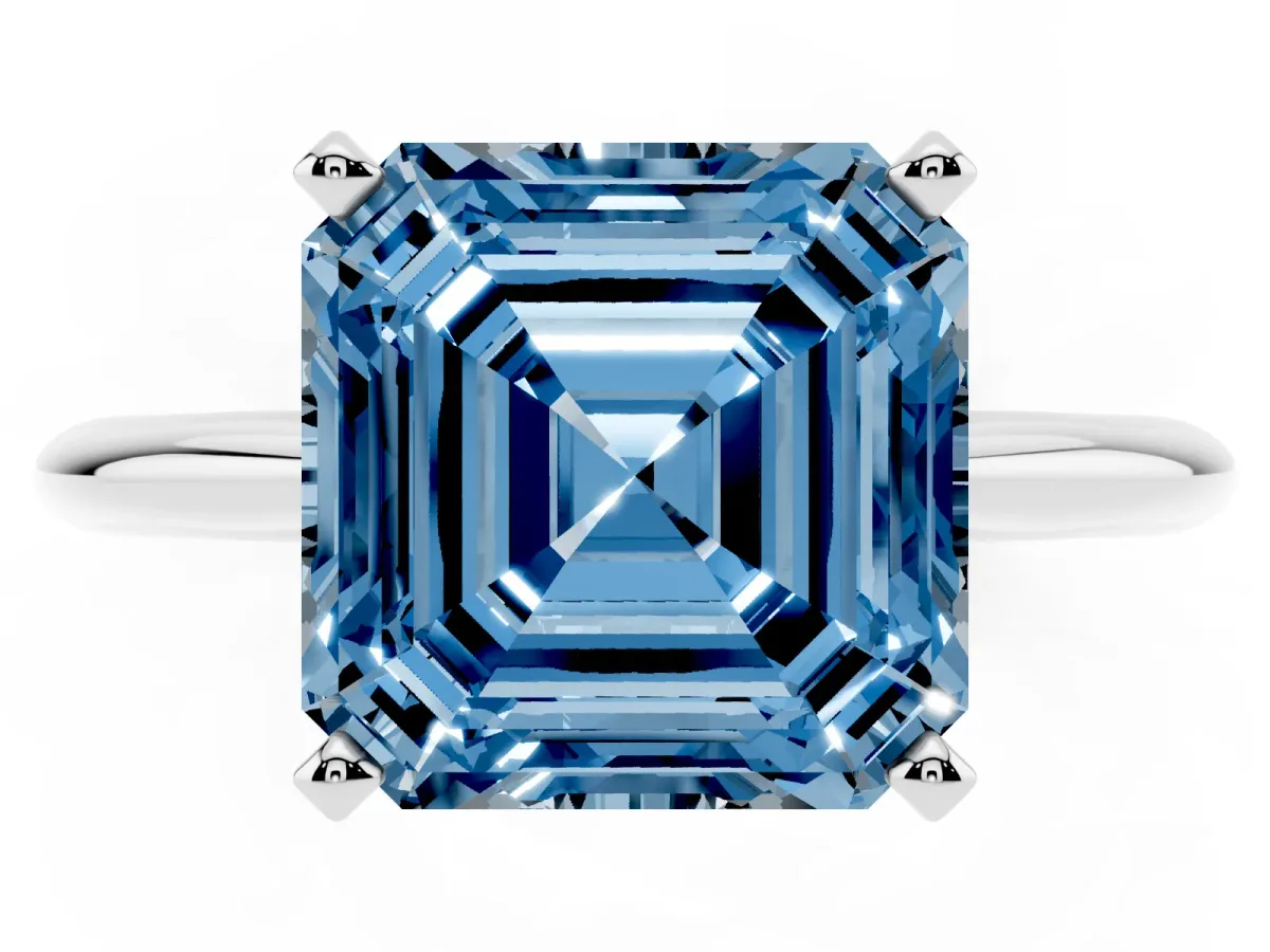 Fancy Blue Asscher Cut Cut Solitaire Ring with Four-Prong Setting on a Classic Band Platinum