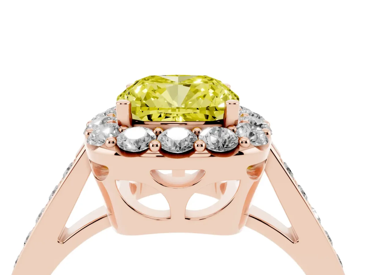 Fancy Yellow Cushion Cut Diamond Floral Halo Ring with Pavé Band and Prong Setting Rose gold