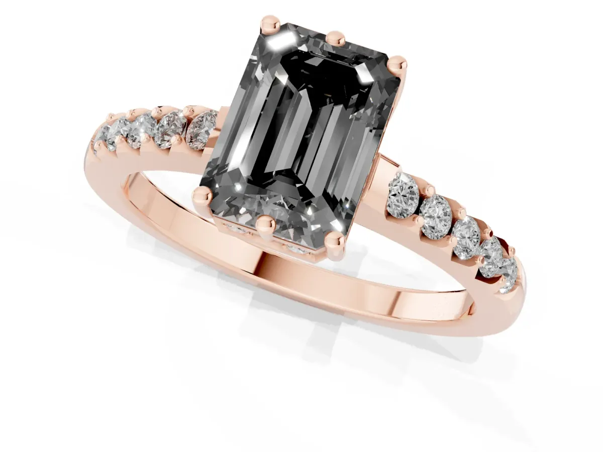 Fancy Black Emerald Cut Solitaire Diamond Engagement Ring with Pavé Band and Six-Prong Setting Rose gold