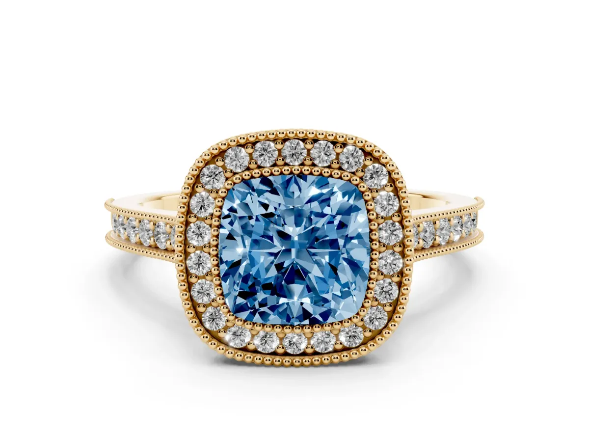 Fancy Blue Halo Cushion Cut-Cut Diamond Pave Band Milgrain Prong Setting Ring Yellow gold