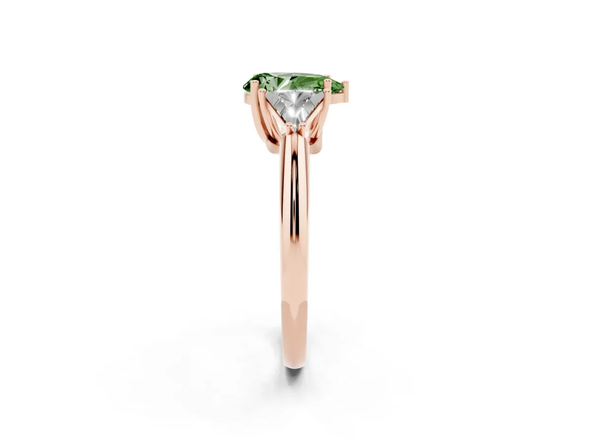 Fancy Green Three-Stone Pear Cut Diamond Engagement Ring with Trillion Side Stones and Prong Setting Rose gold