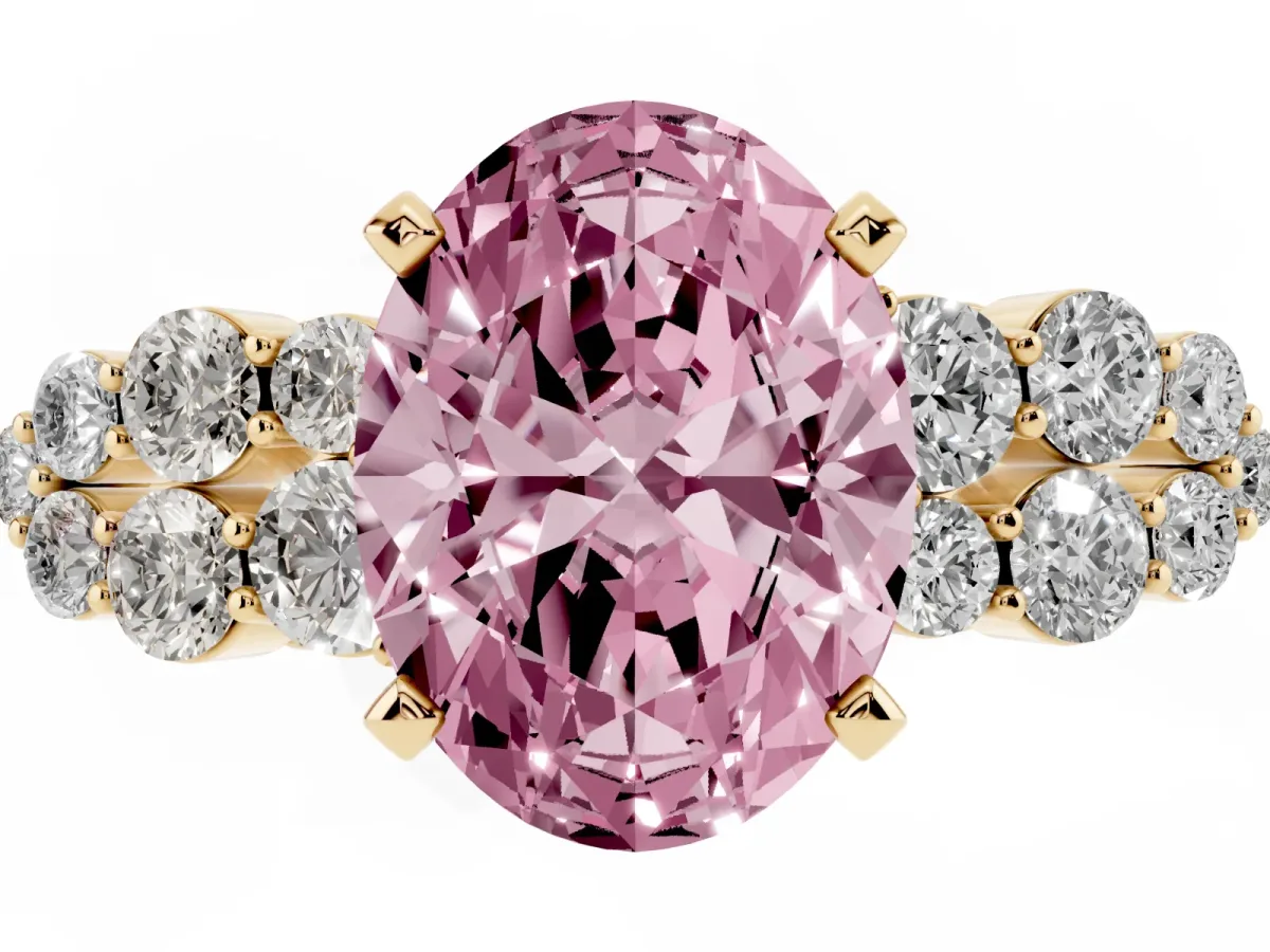 Fancy Pink Oval Cut Cluster Diamond Engagement Ring with Pavé Band and Four-Prong Setting Yellow gold