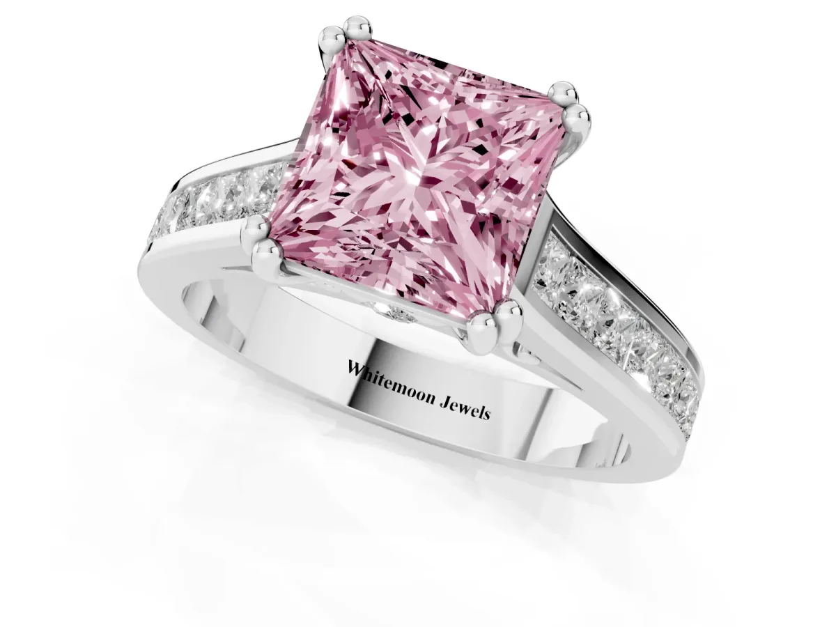 Fancy Pink Princess Cut Cut Channel Set Solitaire Engagement Ring with Prong Setting Platinum