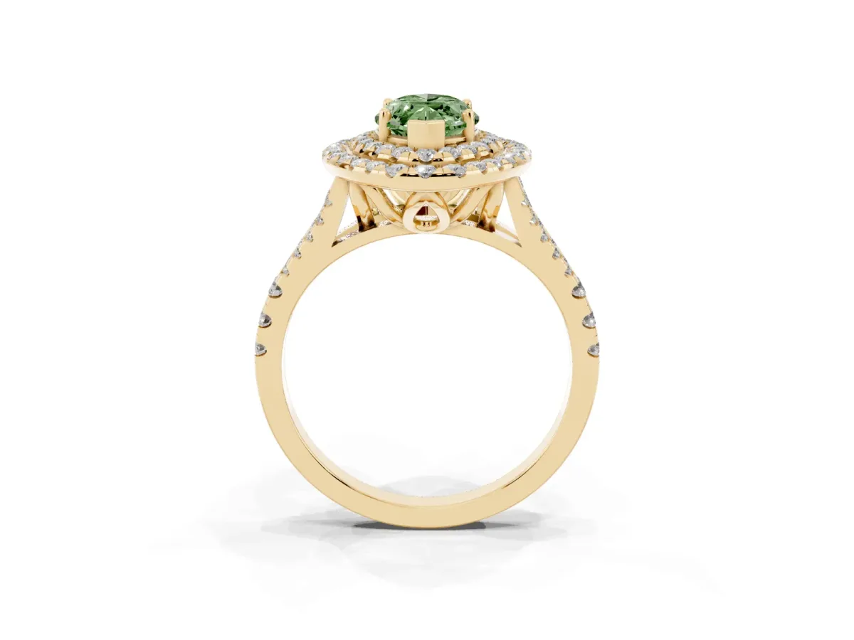 Fancy Green Double Halo Marquise Cut Diamond Pavé Split Shank Ring with Prong Setting Yellow gold