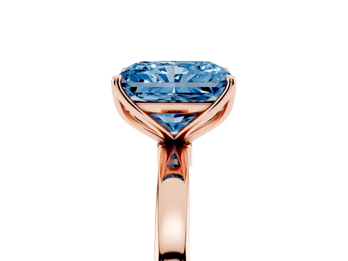 Fancy Blue Radiant Cut Diamond Solitaire Ring with Thin Band and Prong Setting Rose gold