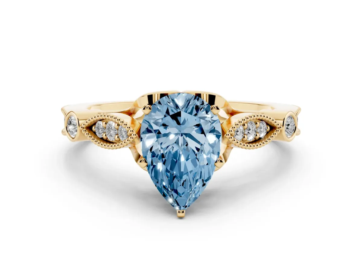 Fancy Blue Pear Cut Cut Diamond with Milgrain Marquise and Bezel Accents on a Solitaire Band with Prong Setting Yellow gold