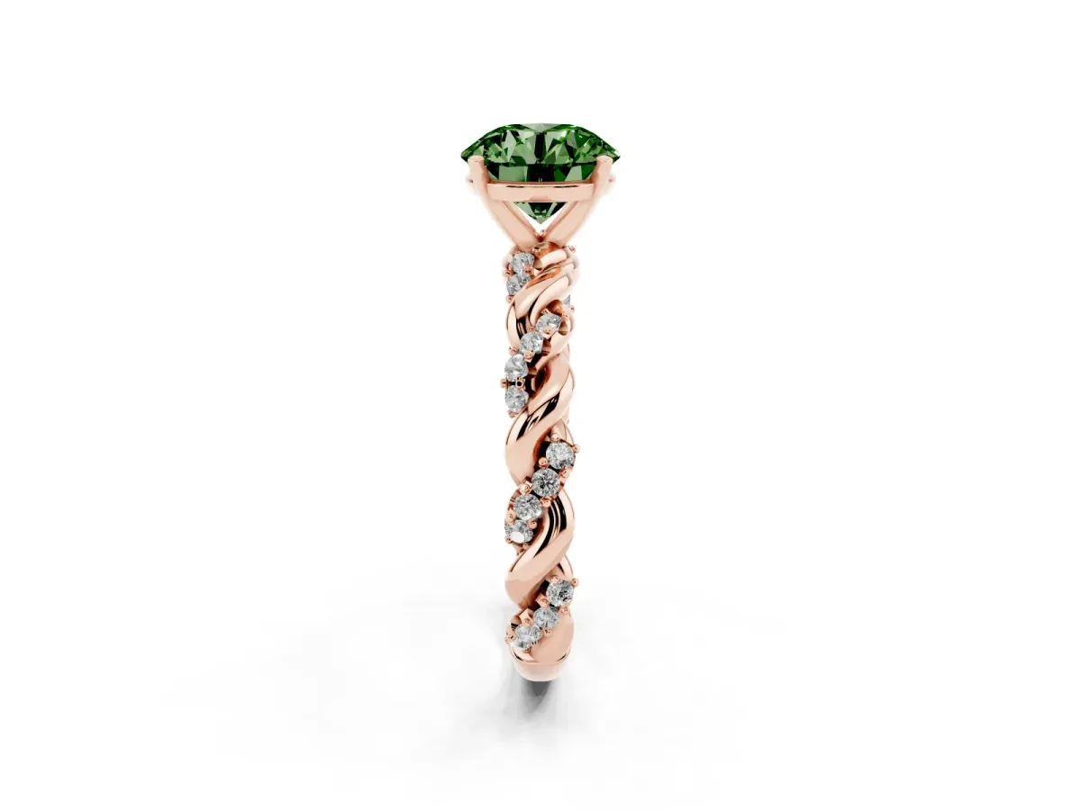 Fancy Green Round Cut Diamond Solitaire Ring with Twisted Band and Pavé Accents Rose gold