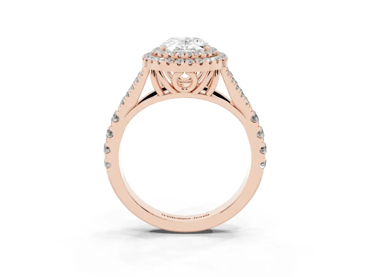 Double Halo Oval Cut Diamond Split Shank Engagement Ring with Four-Prong Setting Rose gold