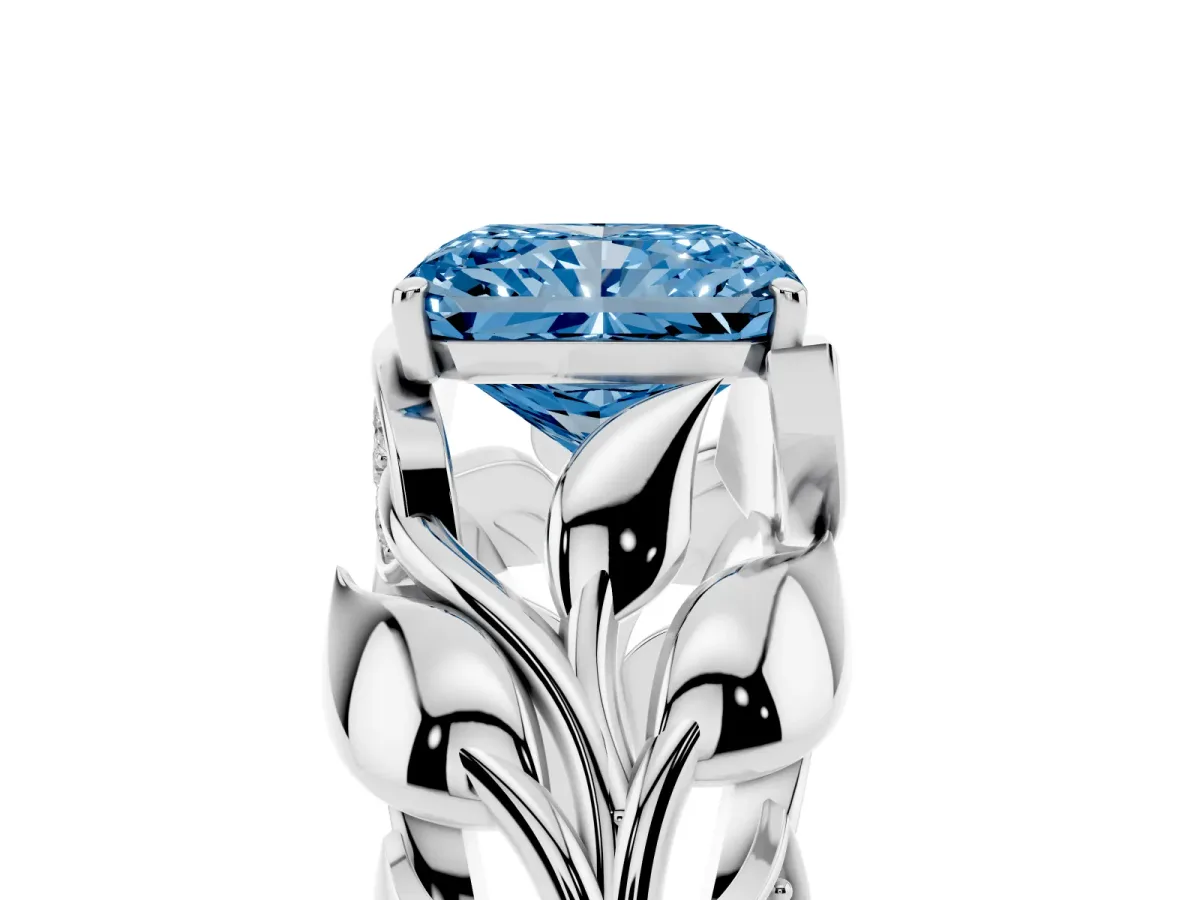 Fancy Blue Radiant Cut Diamond Leaf-Inspired Engagement Ring with Round Accents and Prong Setting White gold