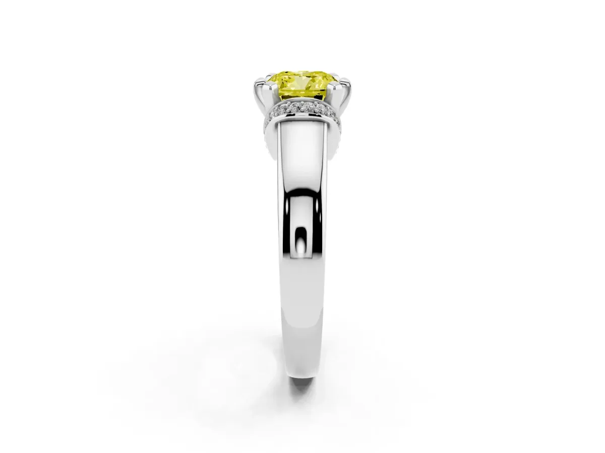 Fancy Yellow Cushion Cut Solitaire Diamond Ring with Pave Band and Six-Prong Setting Silver