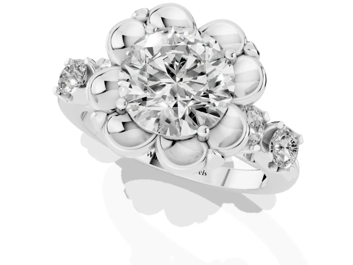 Round Cut Cut Diamond Floral Halo Engagement Ring with Shared Prong Setting Silver