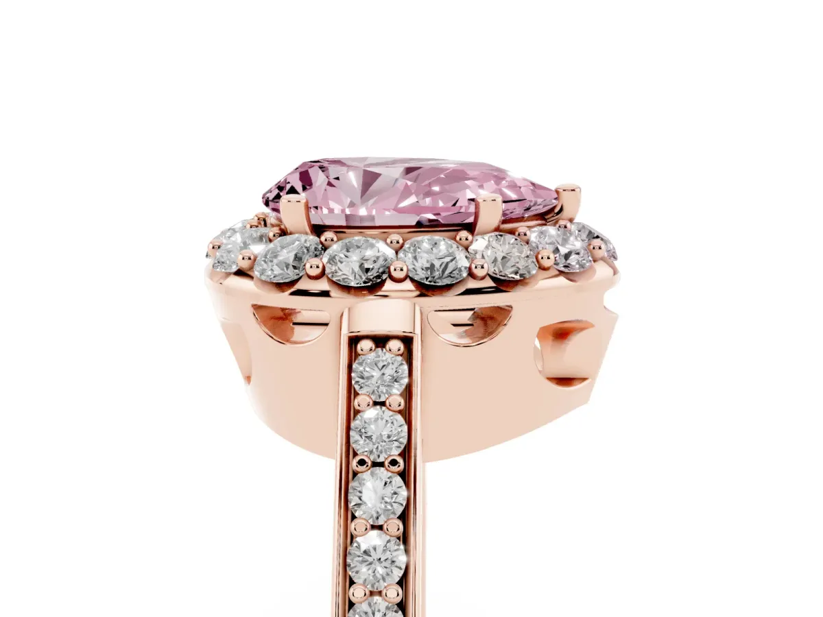 Fancy Pink Pear Cut Diamond Floral Halo Ring with Pavé Band and Prong Setting Rose gold