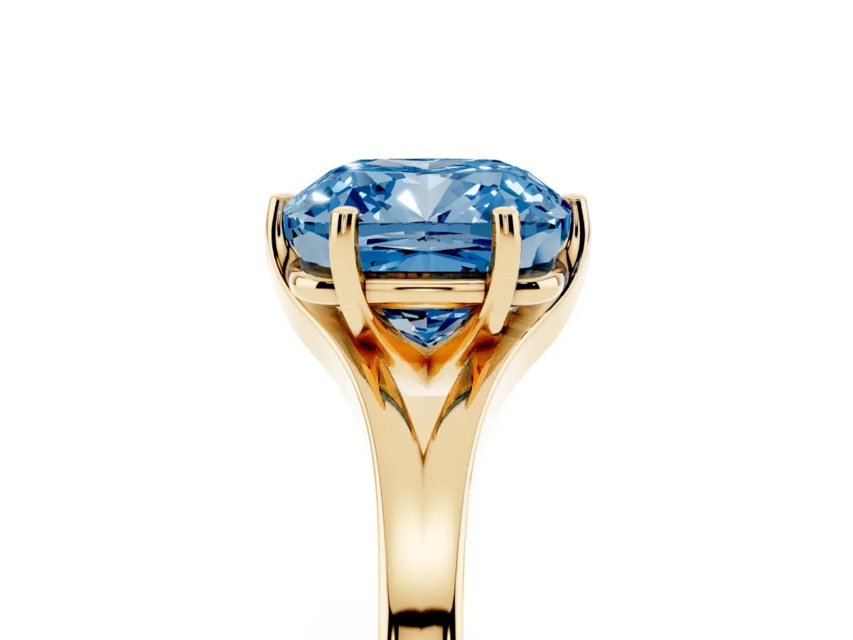 Fancy Blue Cushion Cut Solitaire Diamond Ring with Six-Prong Setting and Tapered Band Yellow gold