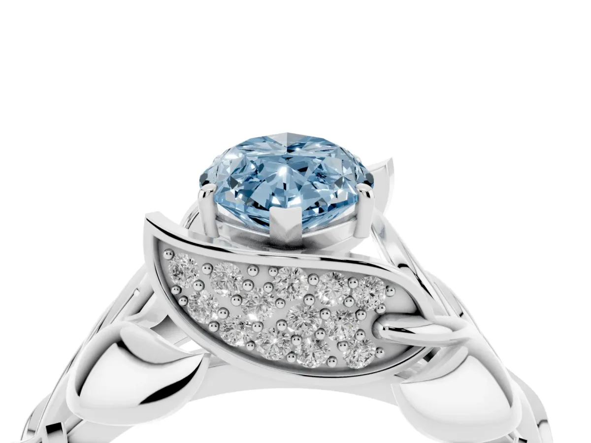 Fancy Blue Marquise Cut Diamond Leaf-Inspired Engagement Ring with Round Accents and Prong Setting Silver