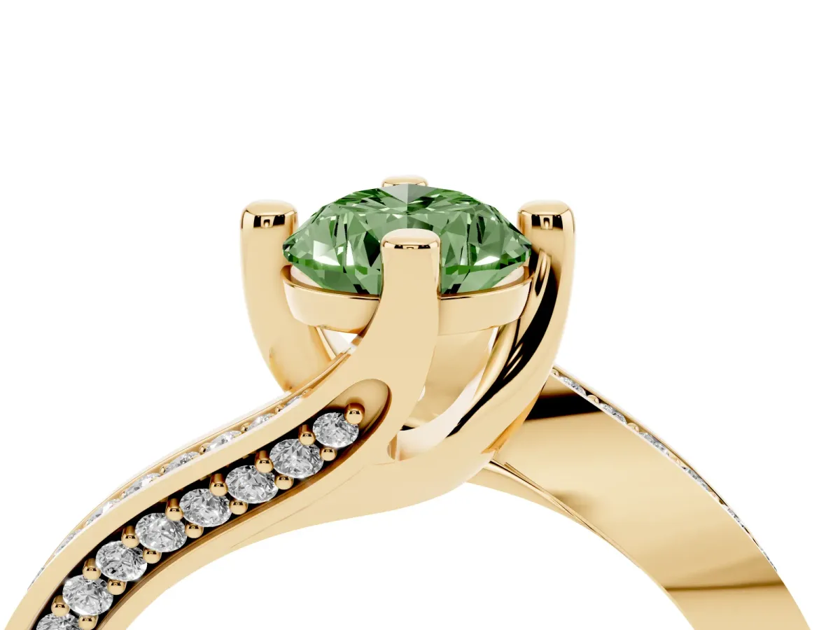 Fancy Green Pear Cut Solitaire Diamond Twist Band with Pavé Setting and Four-Prong Setting Yellow gold