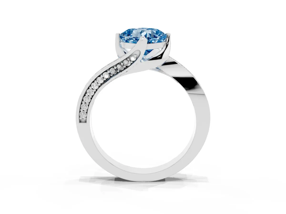 Fancy Blue Cushion Cut Solitaire Diamond Twist Band with Pavé Setting and Four-Prong Setting White gold