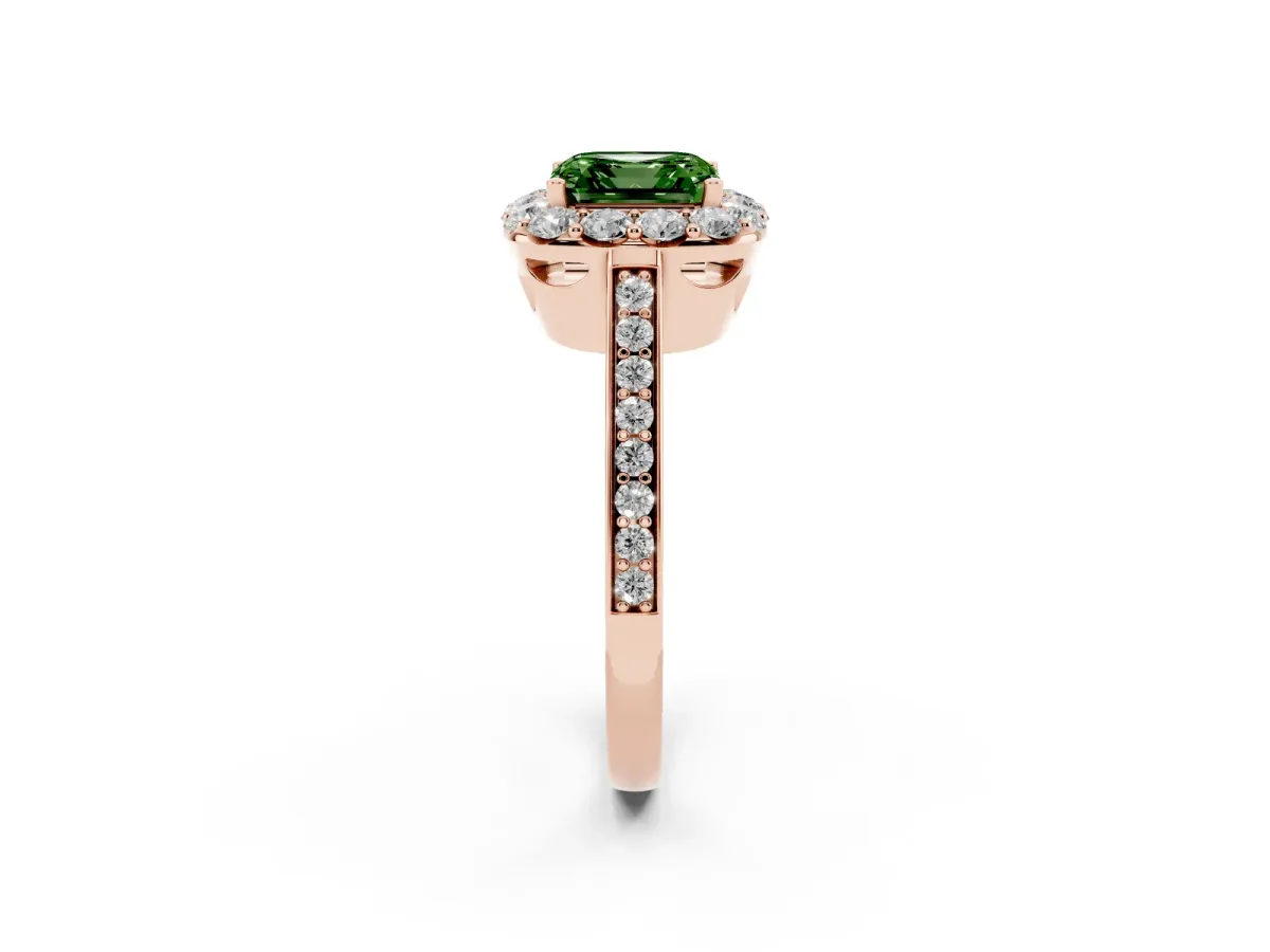 Fancy Green Asscher Cut Diamond Floral Halo Ring with Pavé Band and Prong Setting Rose gold
