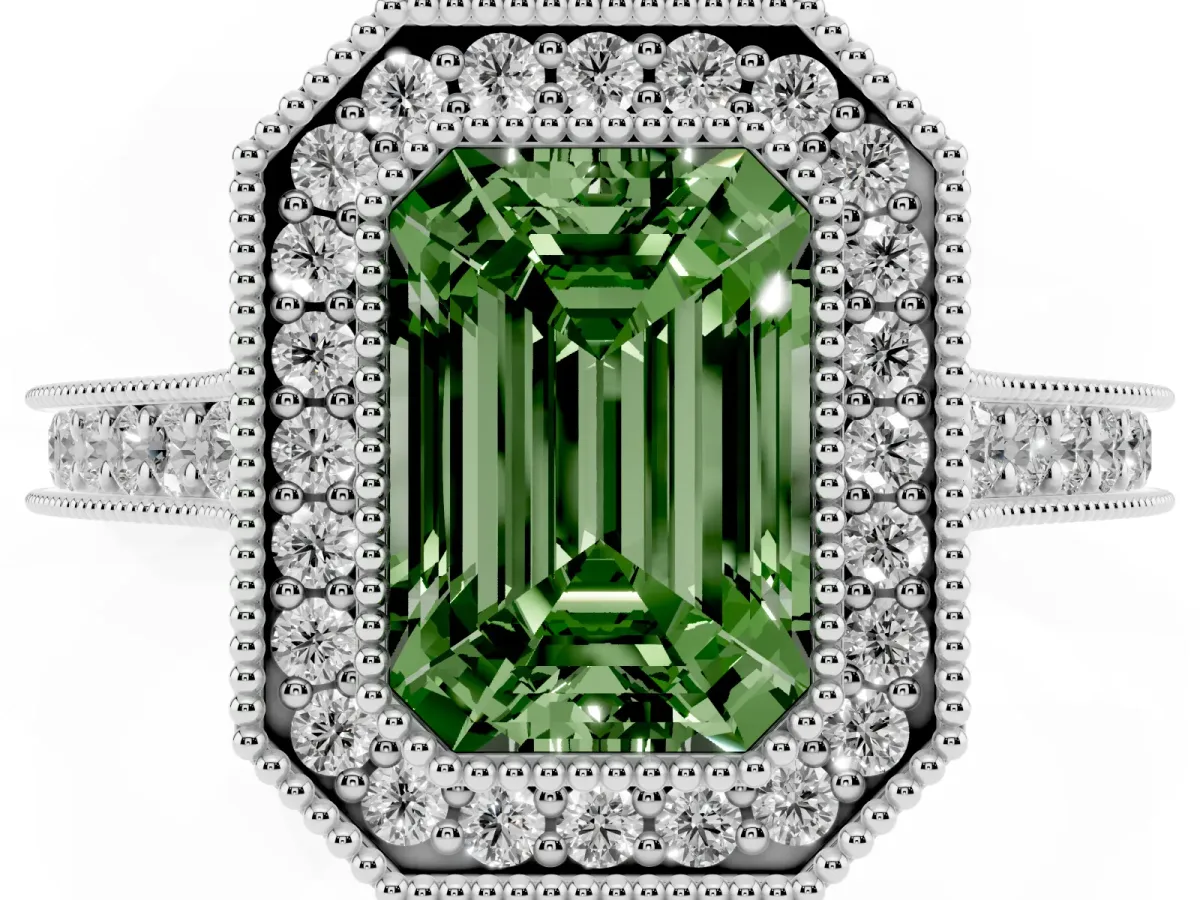 Fancy Green Halo Emerald Cut-Cut Diamond Pave Band Milgrain Prong Setting Ring Silver