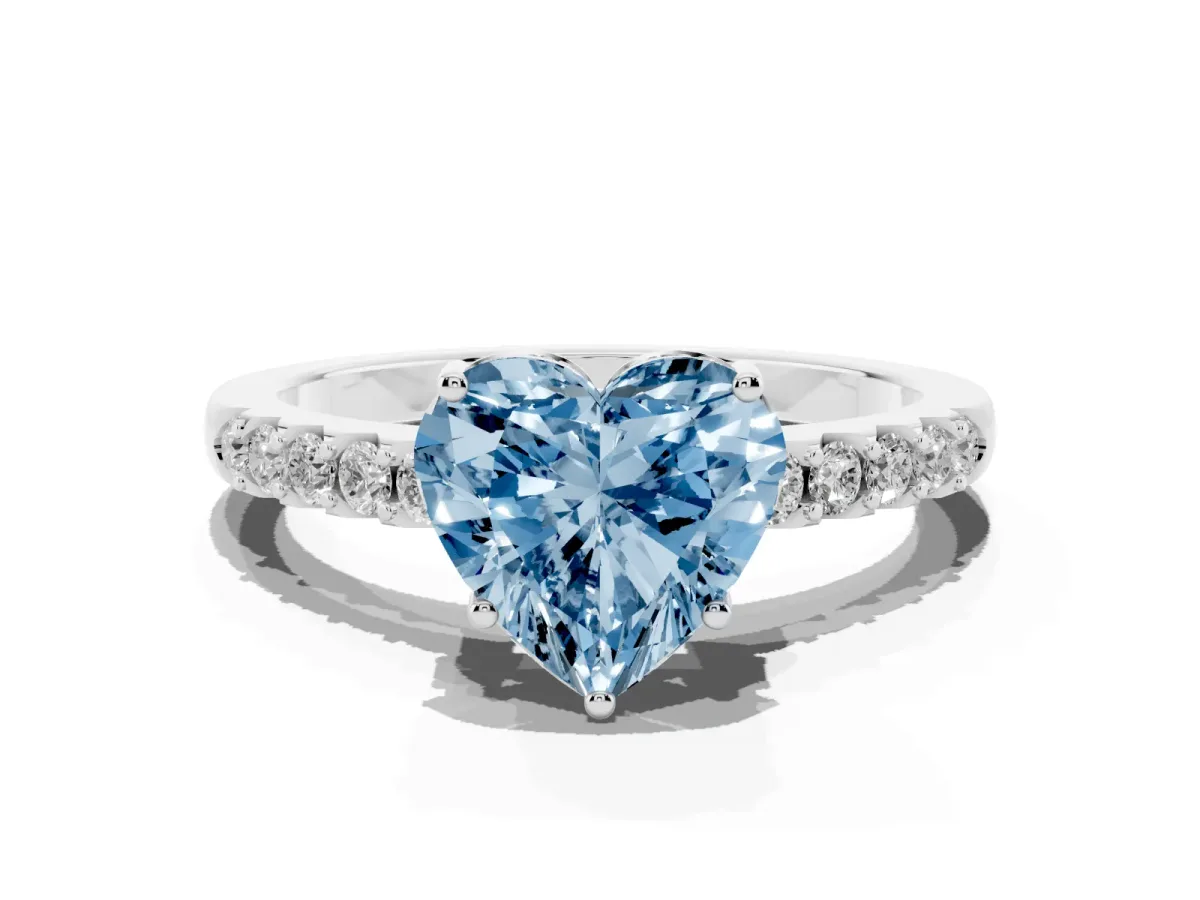 Fancy Blue Heart Cut Solitaire Diamond Engagement Ring with Pavé Band and Six-Prong Setting Silver