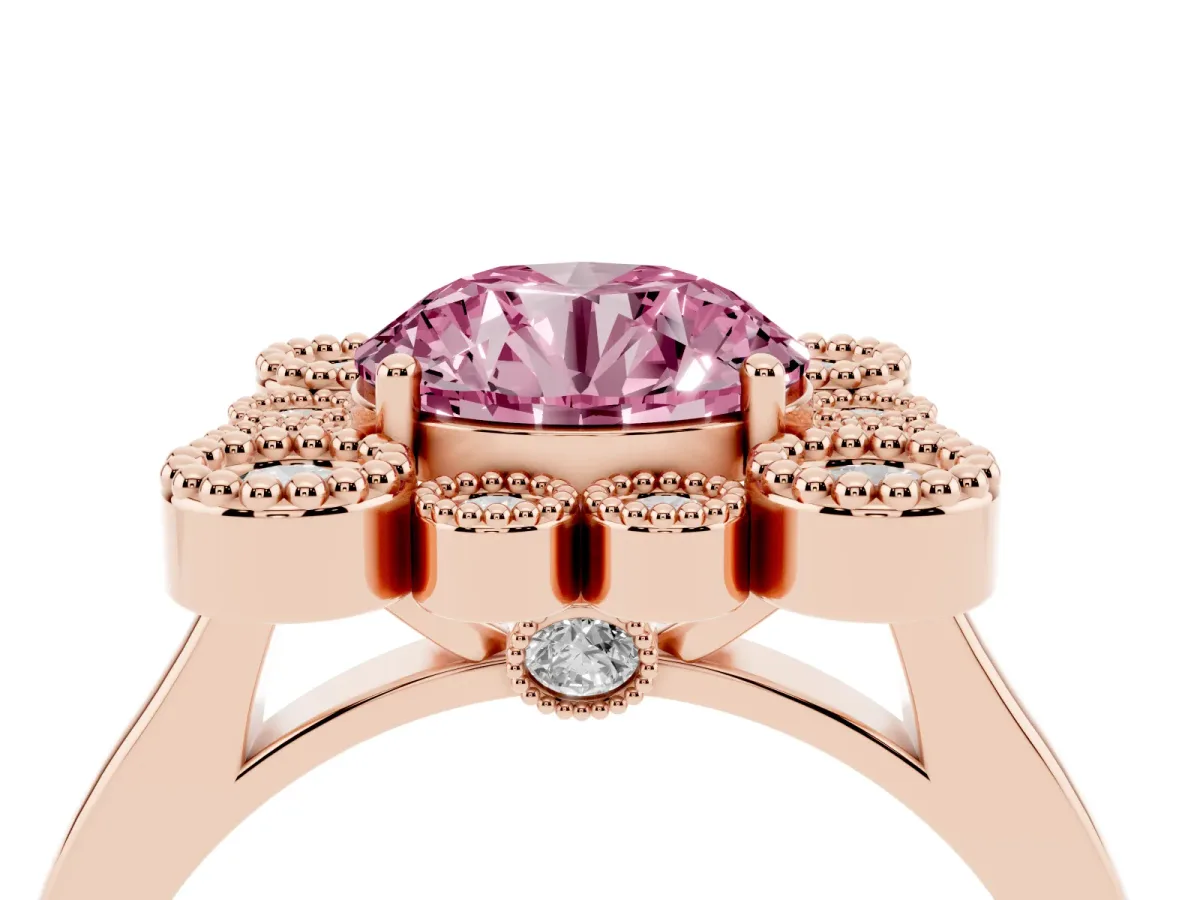 Fancy Pink Round Cut Halo Diamond Cluster Engagement Ring with Milgrain Bezel Setting and Solitaire Band Rose gold