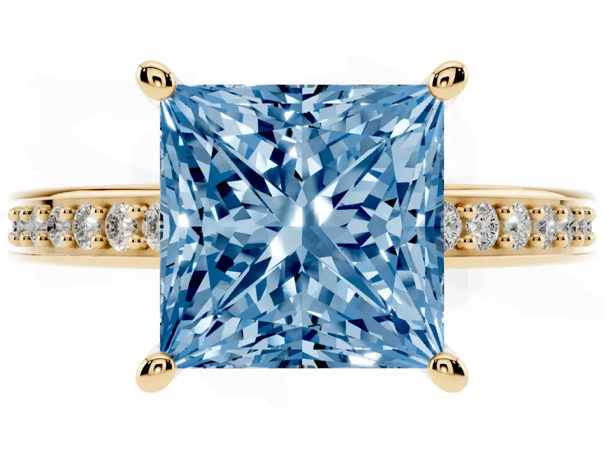 Fancy Blue Princess Cut Solitaire Pavé Band Prong Setting Ring Yellow gold
