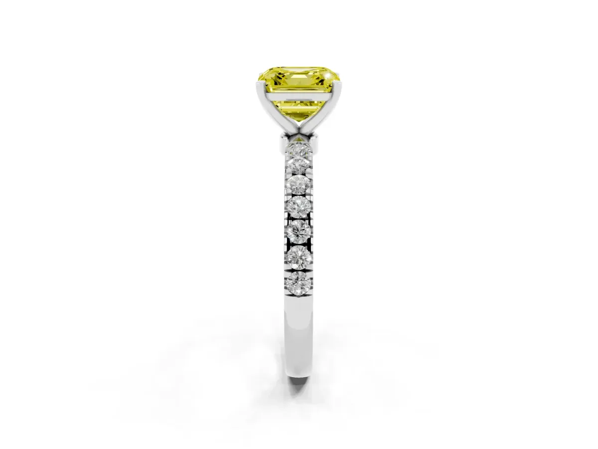 Fancy Yellow Asscher Cut Diamond Solitaire Ring with Pavé Accents and Four-Prong Setting Silver