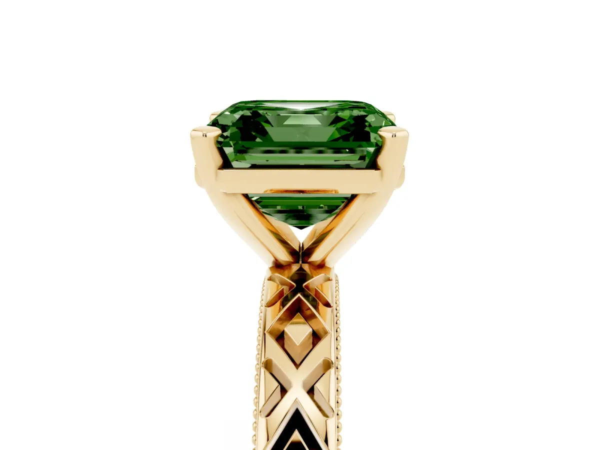 Fancy Green Asscher Cut Solitaire Diamond Ring with Milgrain and Black Enamel X Pattern Band Yellow gold