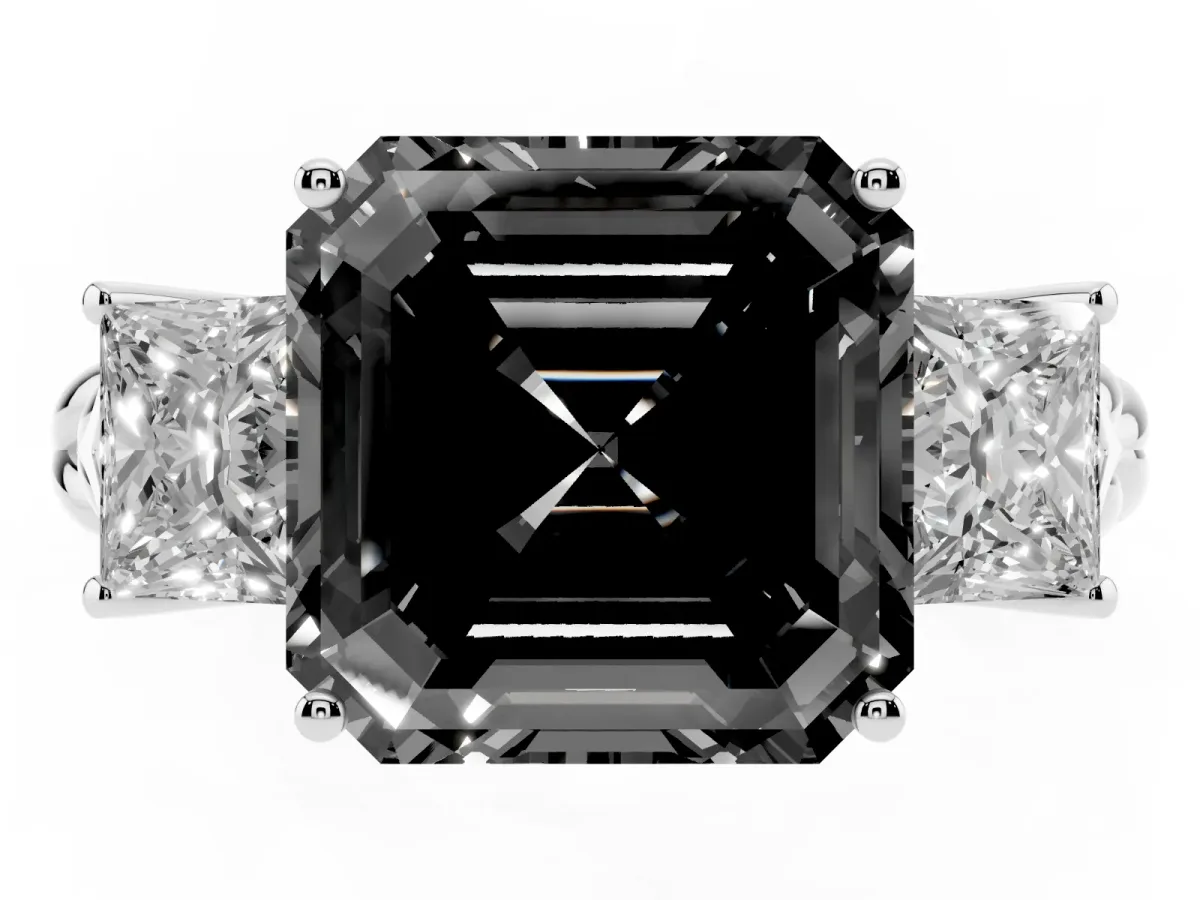Fancy Black Three-Stone Asscher Cut Diamond Braided Band Ring with Four-Prong Setting Silver