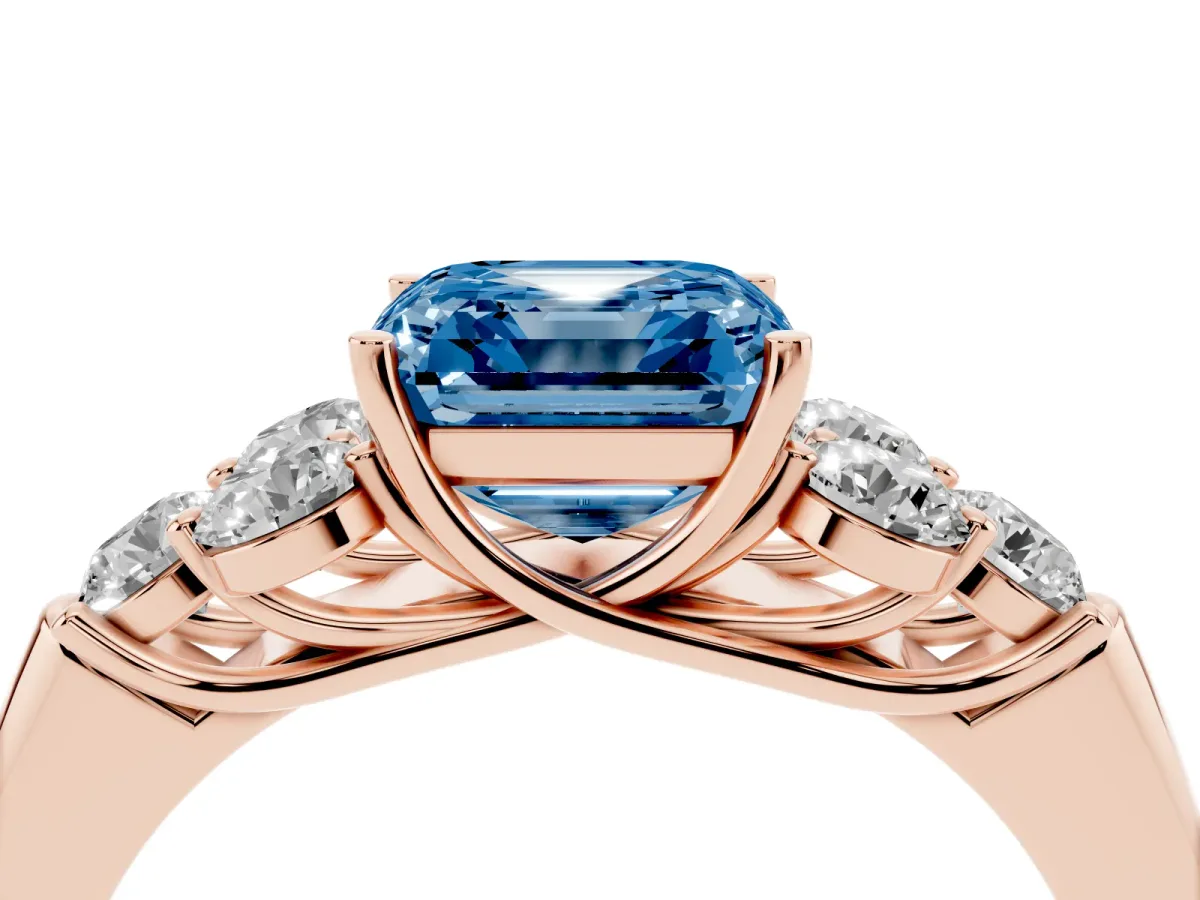 Fancy Blue Asscher Cut Cut Diamond Cluster Ring with Round Accent Stones and Prong Setting on a Classic Band Rose gold